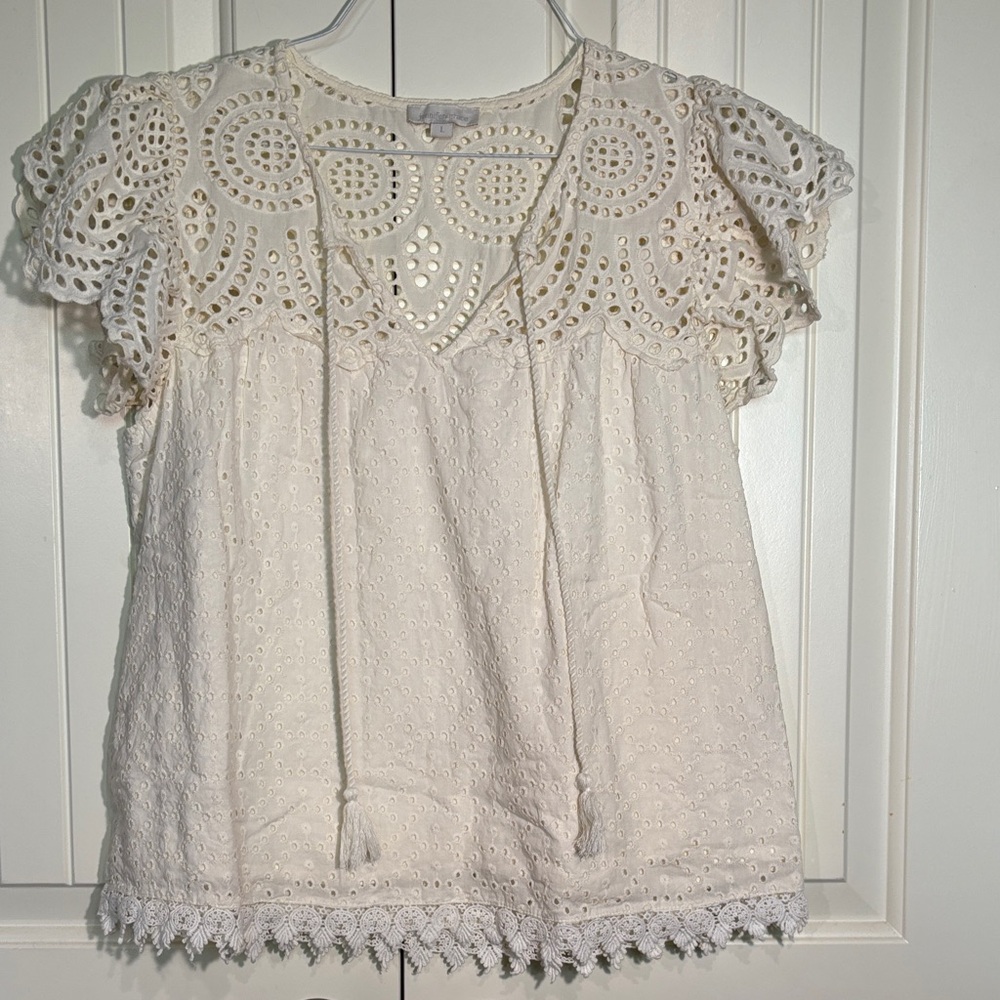 Boho Eyelet Lace Coastal Cowgirl Blouse in Cream White